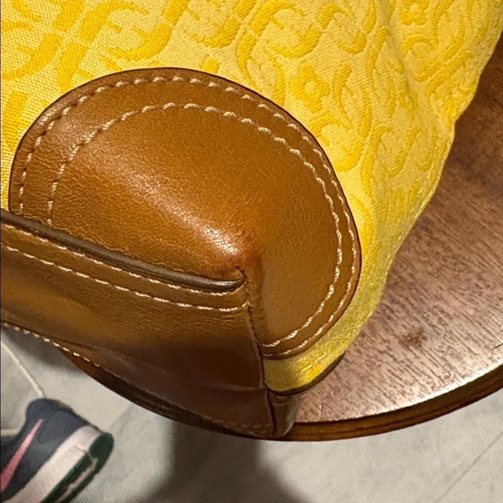 Fossil satchel Crossbody bag fabric yellow print brown leather trim 3 compart